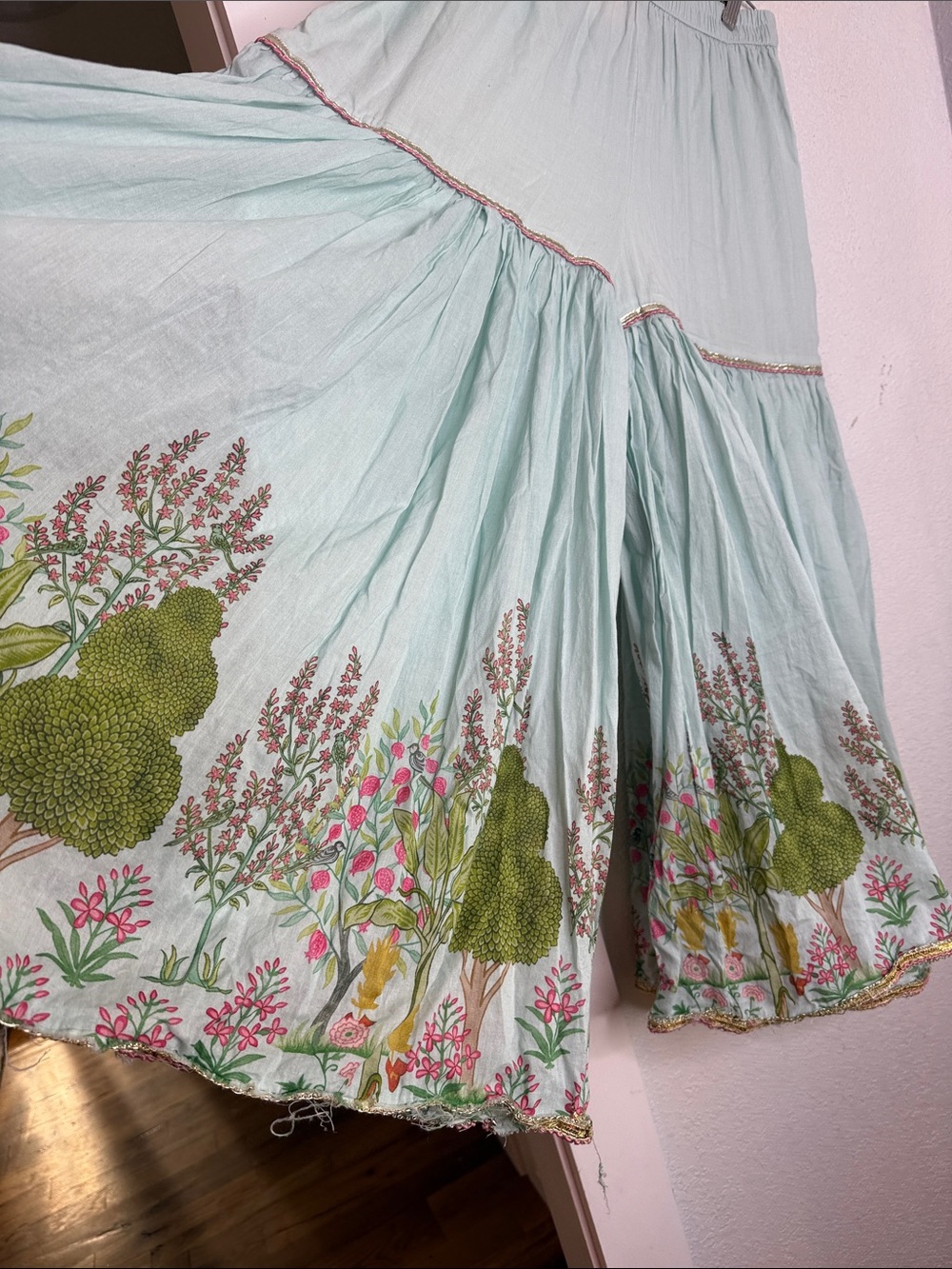 Mint Green Floral Gharara Sharara Gaucho Pants Botanical Print cotton lined boho - Picture 2 of 5